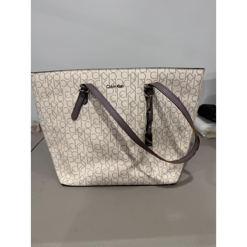 Calvin Klein Tote Bag Womens Large Cream Purple Monogram Minimalist Office Siren